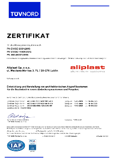 Certificate Aliplast Aluminium Systems ISO 9001; 14001; 45001 - DE