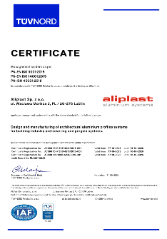 Certificate Aliplast Aluminium Systems ISO 9001, 14001, 45001 - EN
